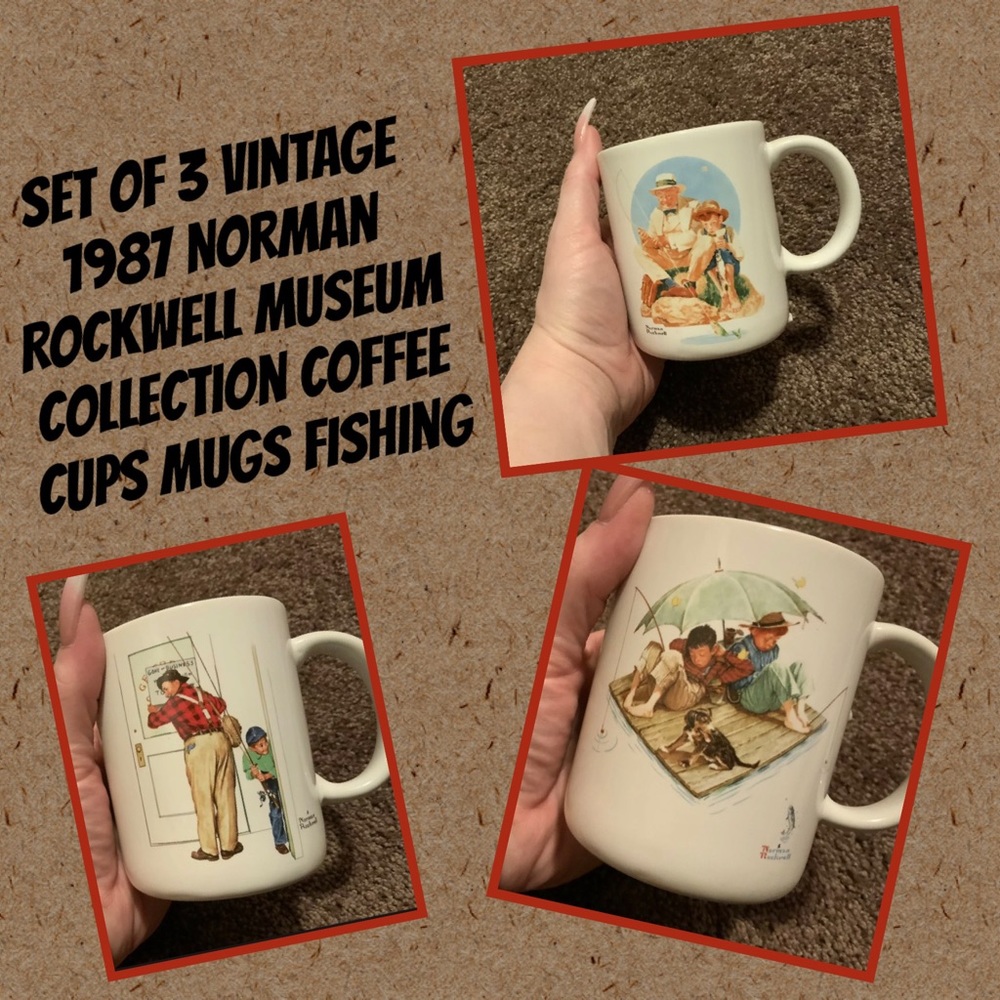 Set of 3 Vintage 1987 Norman Rockwell Museum Collection Coffee Cups Mugs Fishing